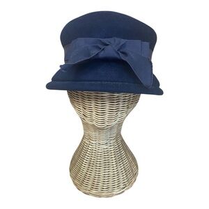 Vintage Glamour Felts Blue 100% Wool Felt Bucket Hat 1960s With Bow MCM Glam